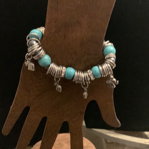 SilverTone Faux Turquoise Howlite Beaded Stretch Bracelet w/ Elephant Charms - Picture 2 of 8